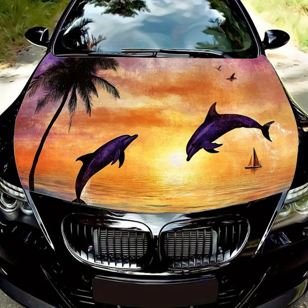 Sunset and Dolphins，Gift, Car Vinyl Wraps, Engine Hood Decal Sticker, Splash-Resistant, Easy Removal, Durable Personalized Car A