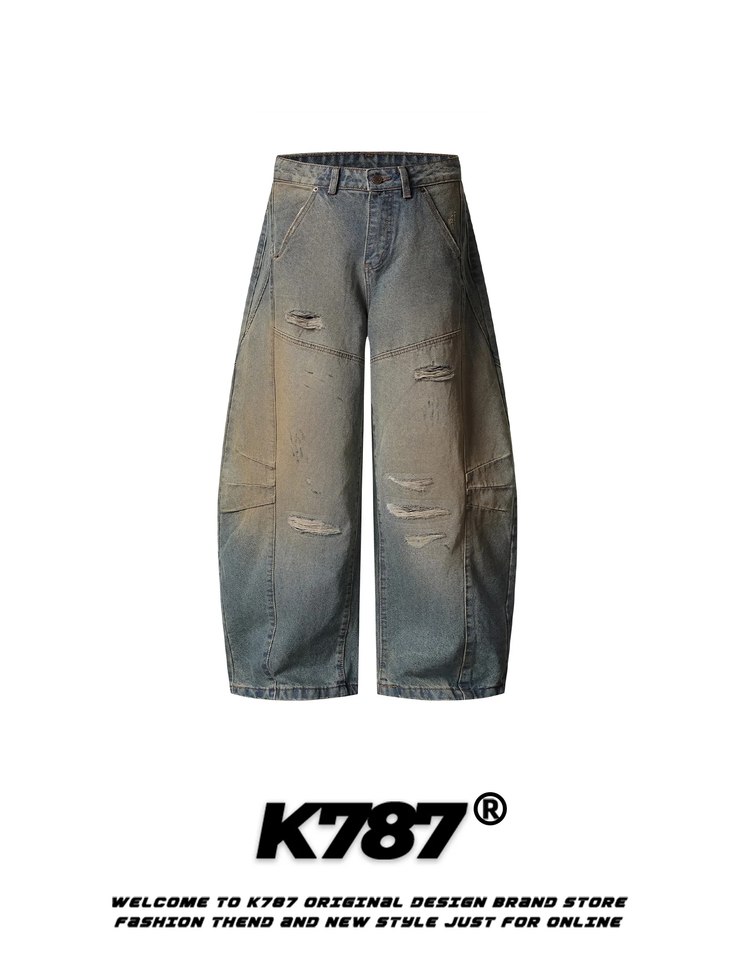 

K787 American Retro Waed Distred Knife Jeans Loose Casual Trendy Brand Wide Leg Floor Length Pants for Men And Women