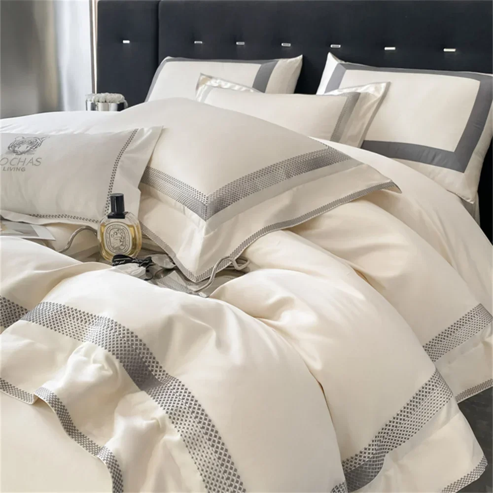 Svetanya Embroidery 1000TC Bedding Set Egyptian Cotton Duvet Cover Set Queen King Size Bedlinens