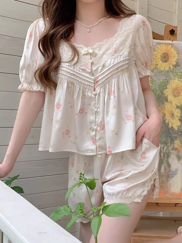 アイスシルクパジャマ女性の夏用半袖ショーツ薄い夏屋外着用可能高級感レディースホーム服