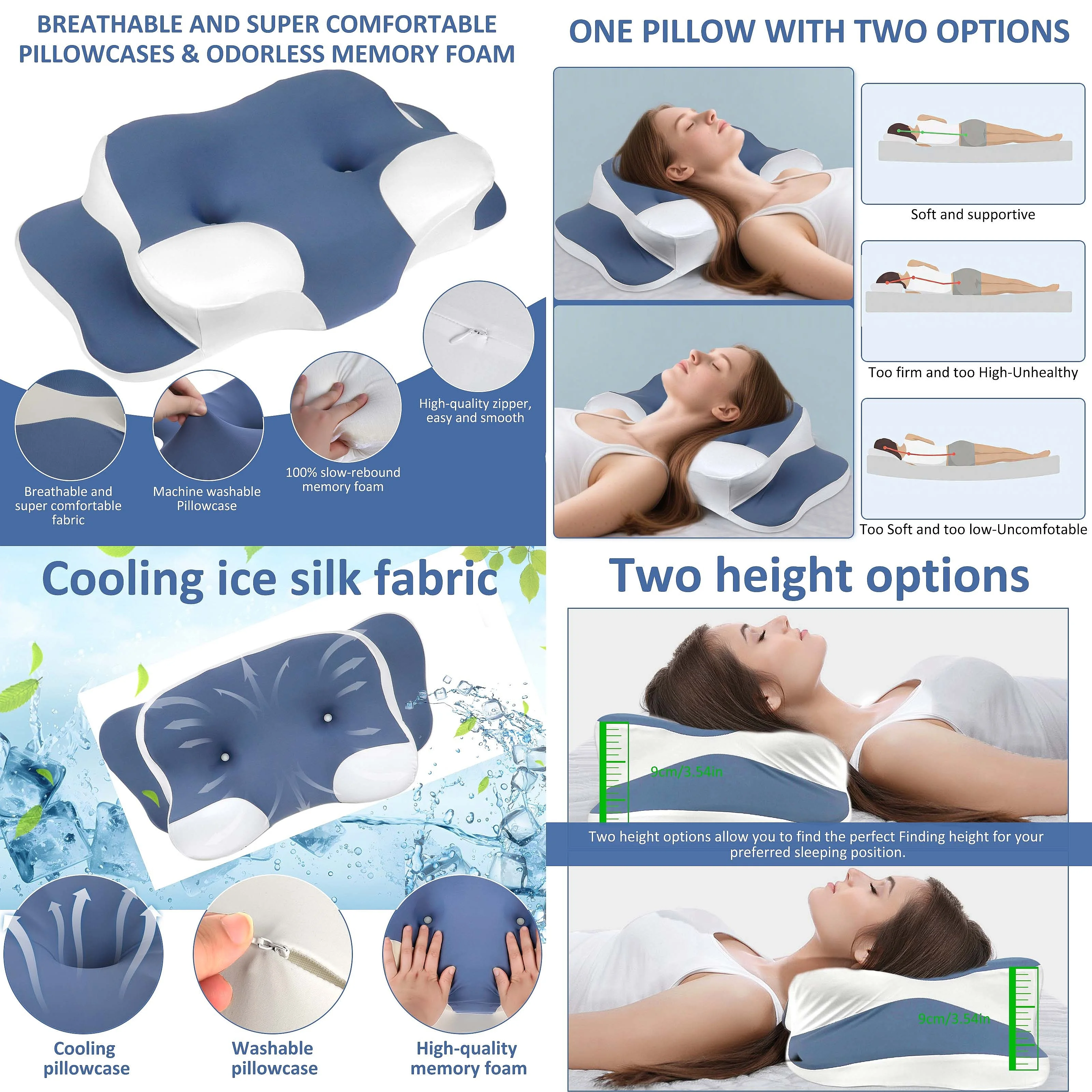 Memory Foam Neck Pillow, Ice Silk Removable Washable Cover High Density Ergonomic Support Pillow for All‑Age Users