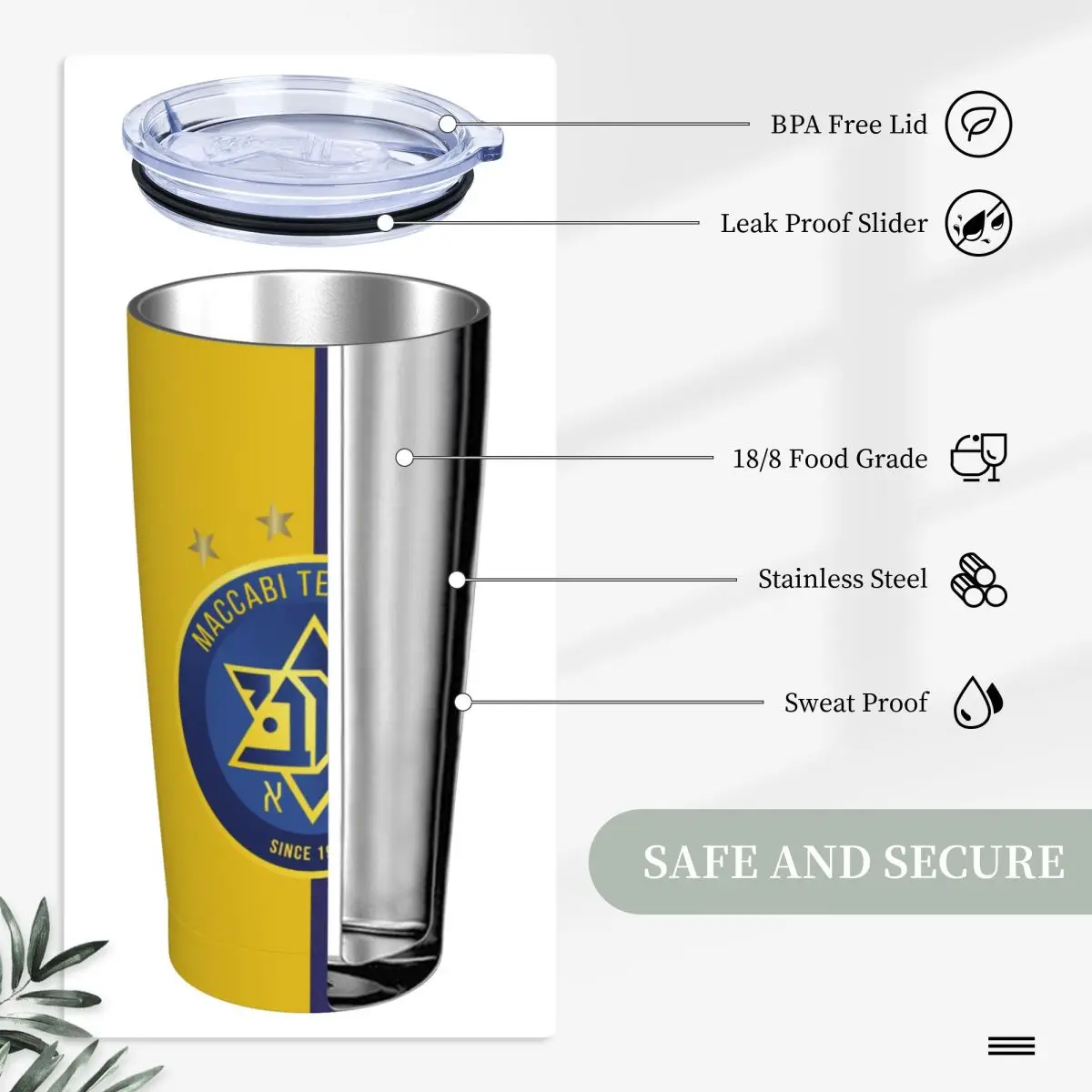 Imagem -05 - Maccabi Tel Aviv Isolados Tumbler 20oz Tumbler com Tampas e Palhas Aço Inoxidável Isolados a Vácuo Caneca de Viagem Copo de Café