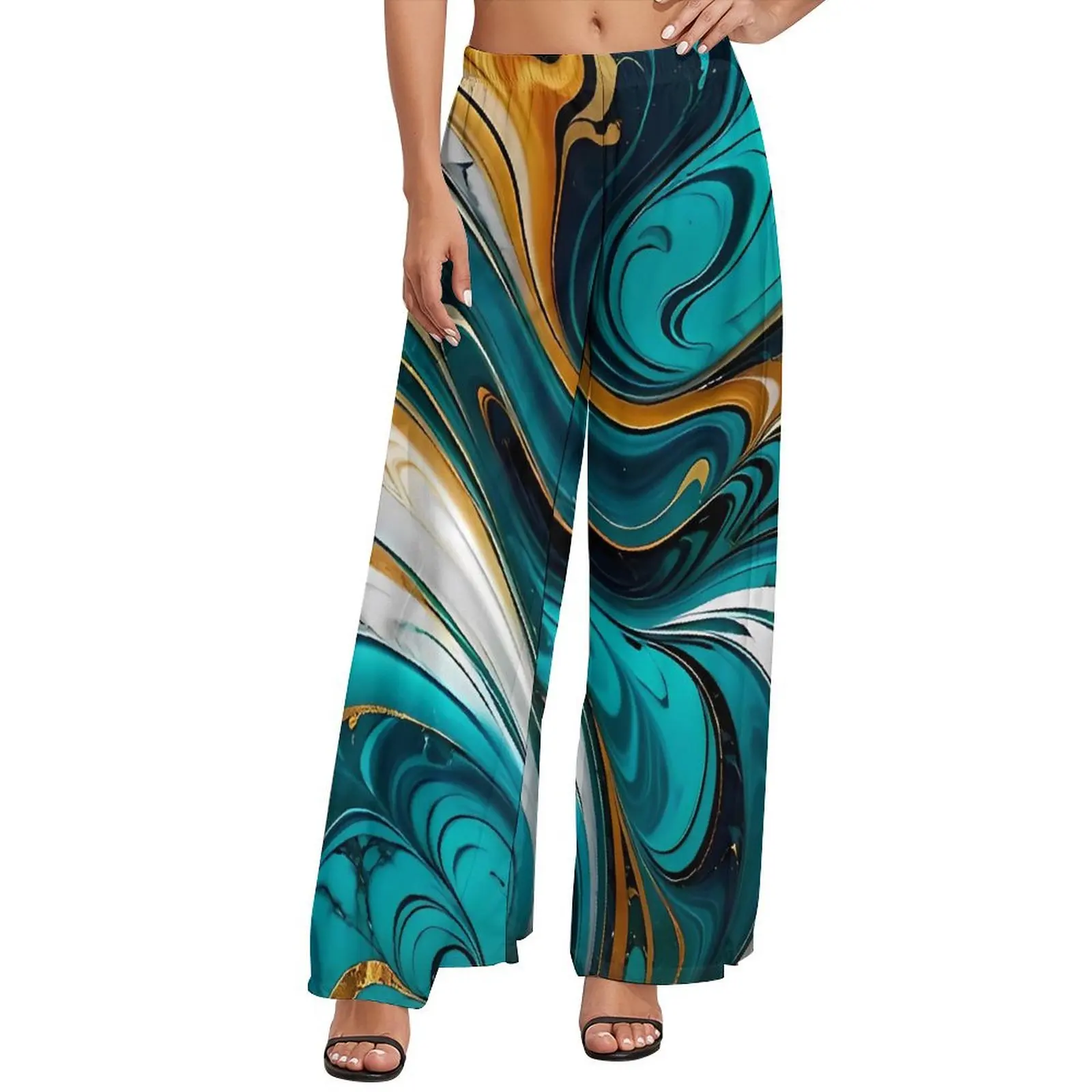 

Abstract Blue Gold White Marble Straight Pants Workout Wide Leg Pants Female Oversized Street Style Custom Trousers