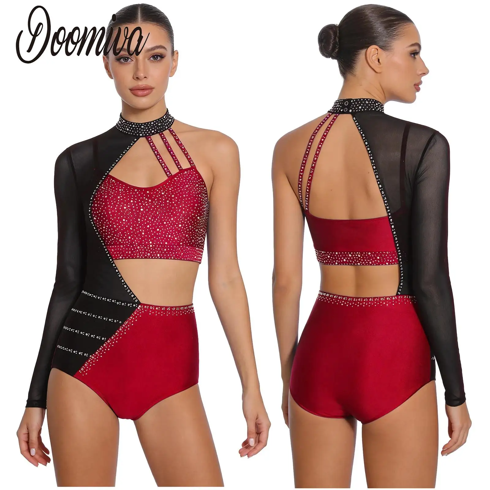 

Women Leotard Rhythmic Figure Skating Bodysuits Gymnastics Performance Costume Rhinestones Asymmetrical Hollow Out DanceJumpsuit