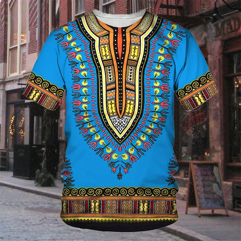 African Traditional Dress Stripe Pirnt T-Shirt Daily Casual Street Crew Neck Short Sleeve Tshirts Ropa Hombre Cool Designs Tops