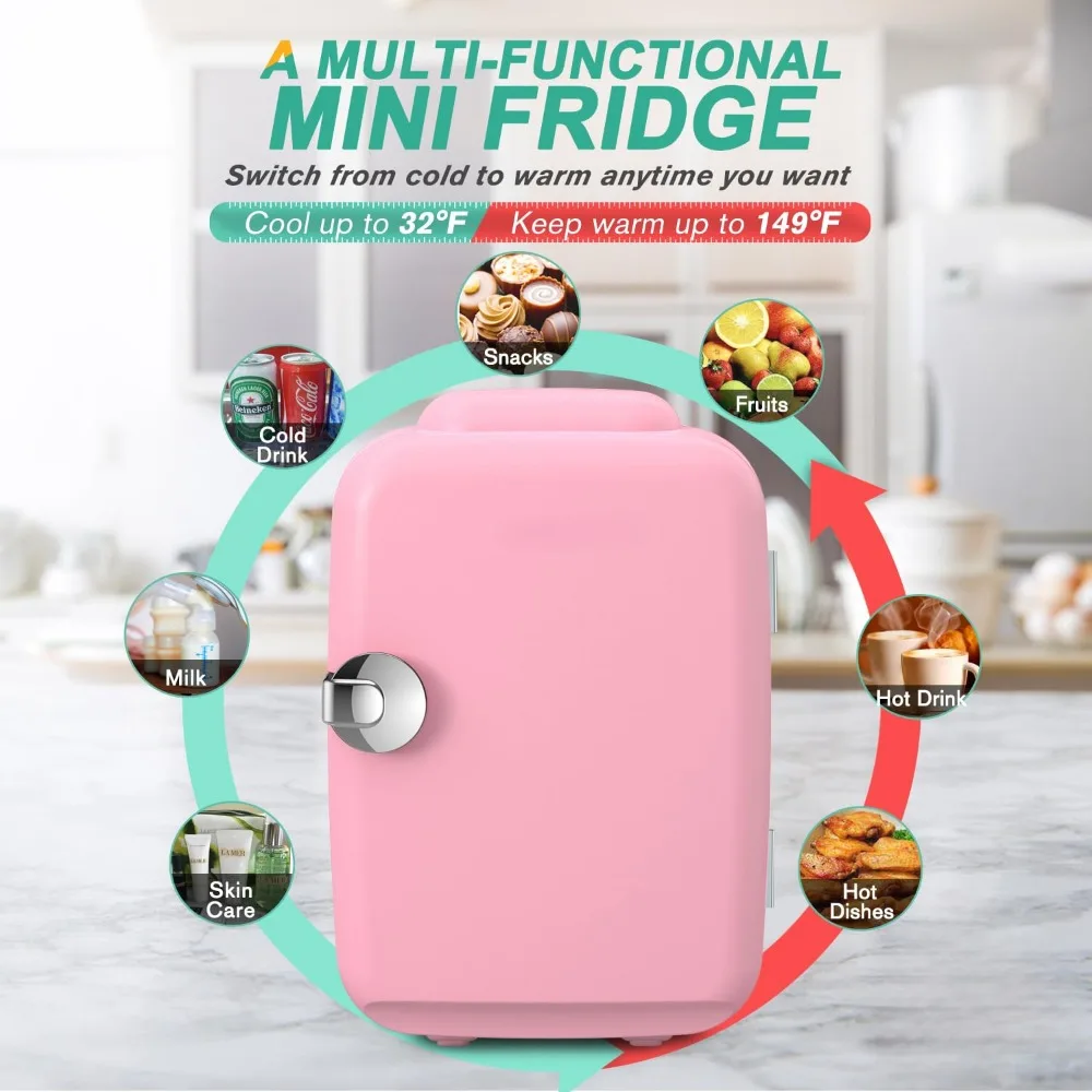 Mini Fridge, 4 Liter/6 Can Portable Cooler and Warmer Personal Refrigerator for Skin Care, Beverage, Food