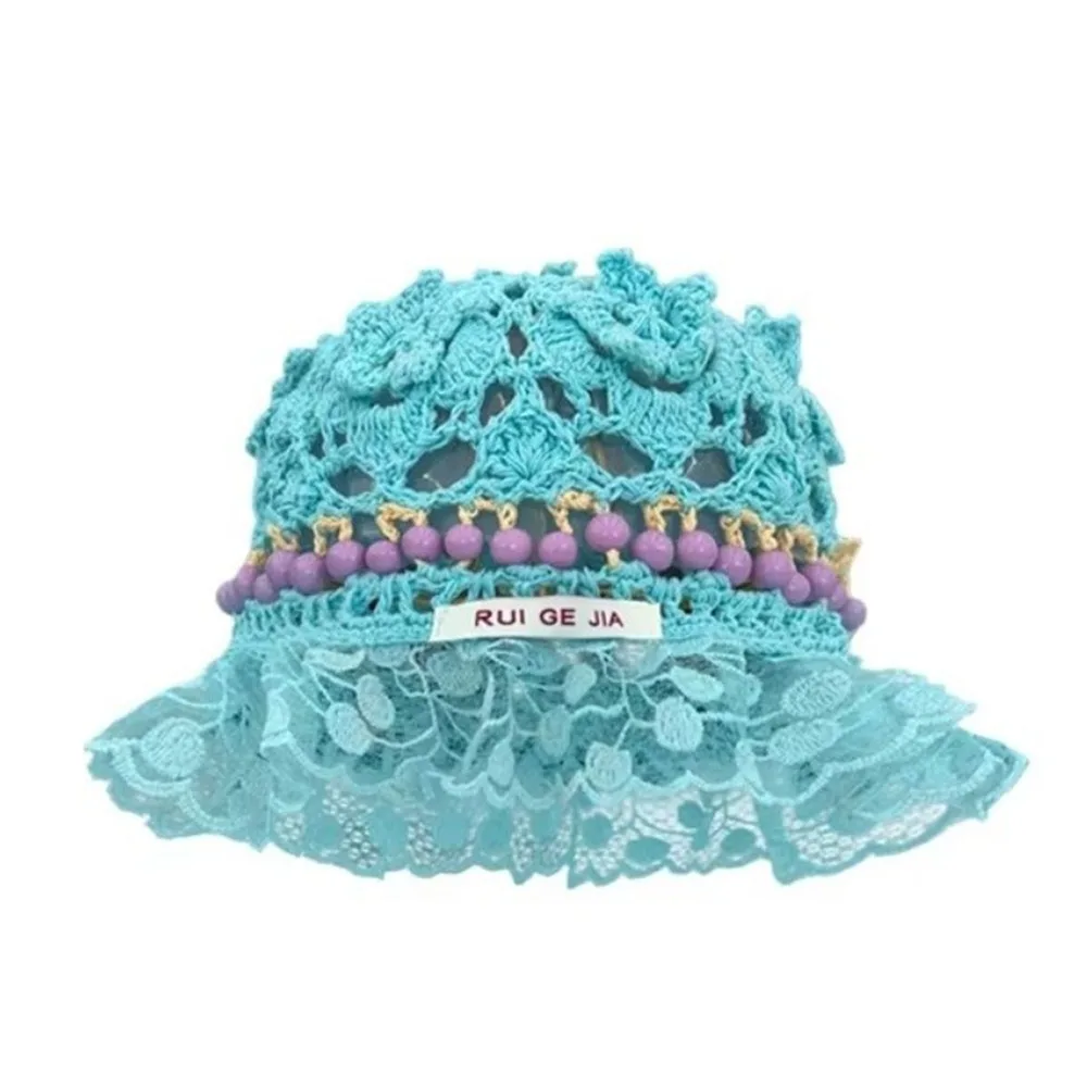 

Sweet Handmade Crochet Bucket Hat Hollow Ruffles Beads Knitted Hat Women Flower Weave Basin Caps Girls