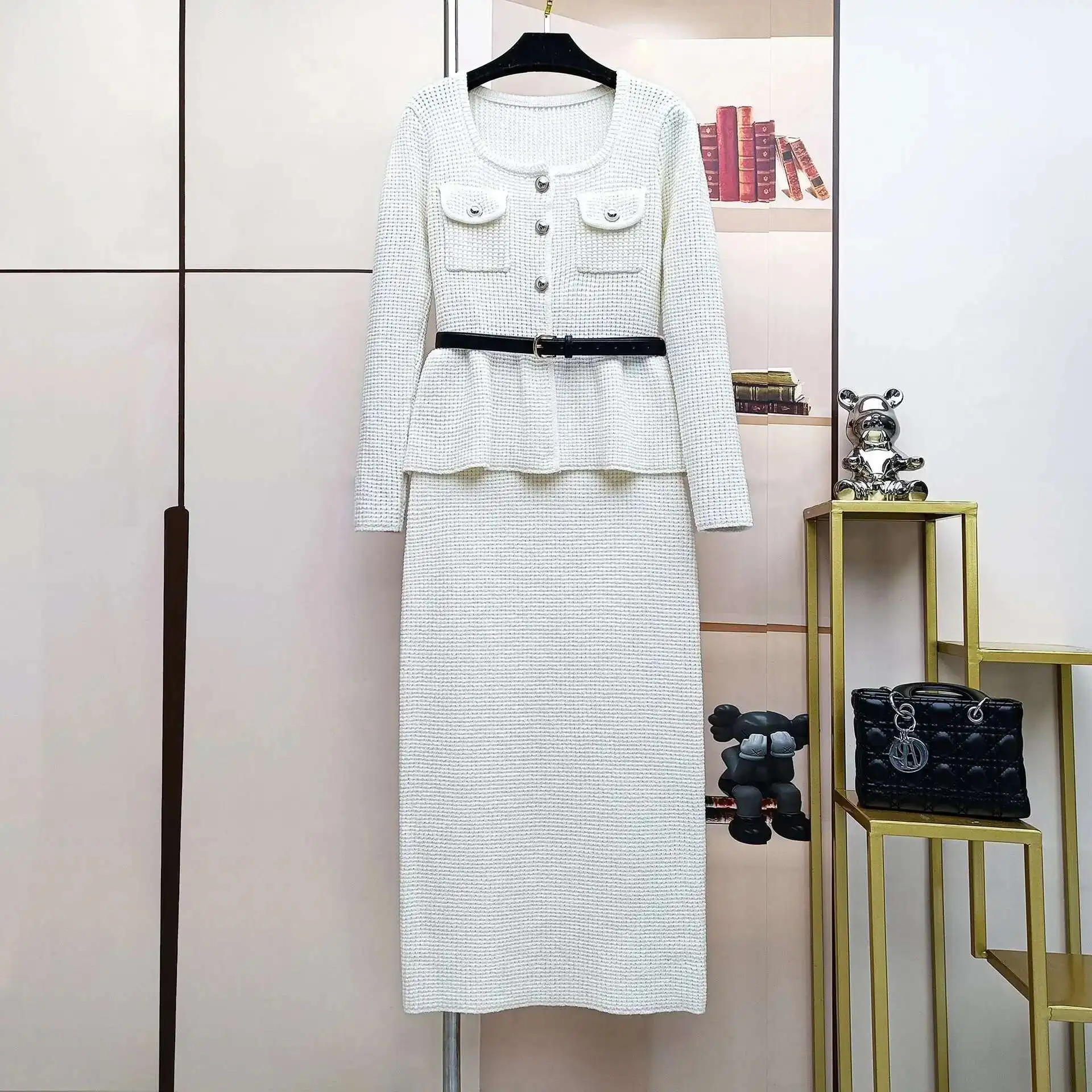 Luxury Knitted Long Dresses White Two Piece Set Women\'s 2025 Spring Autumn Cardigans Sweater Pencil Skirts Suits Party Vestidos