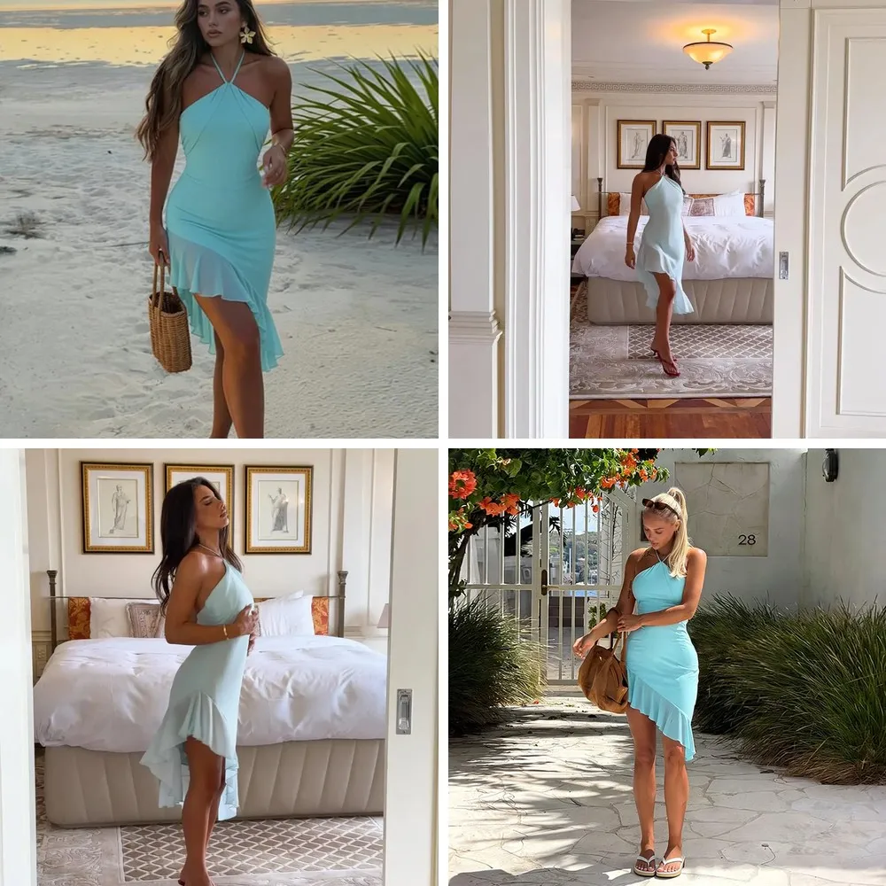 

Sexy Blue Off-Shoulder Ruffle Mini Dress Women 2026, Sleeveless Halter Cocktail Party Gown