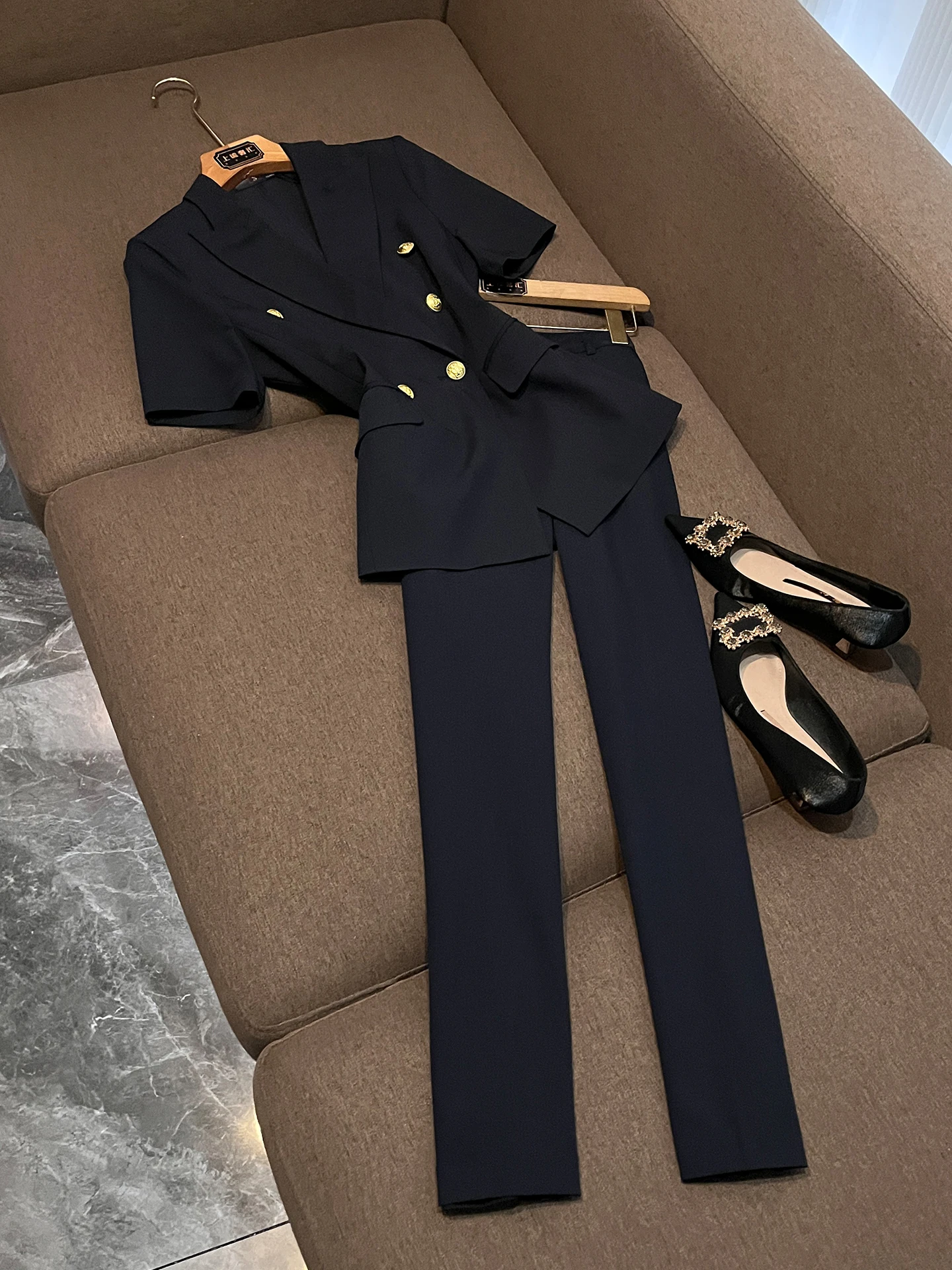 

Summer 2026 Black Double-Breasted Suit Set Women's Commute Office Slim Fit Two-Piece Set P369 Professional Workwear Ensemble