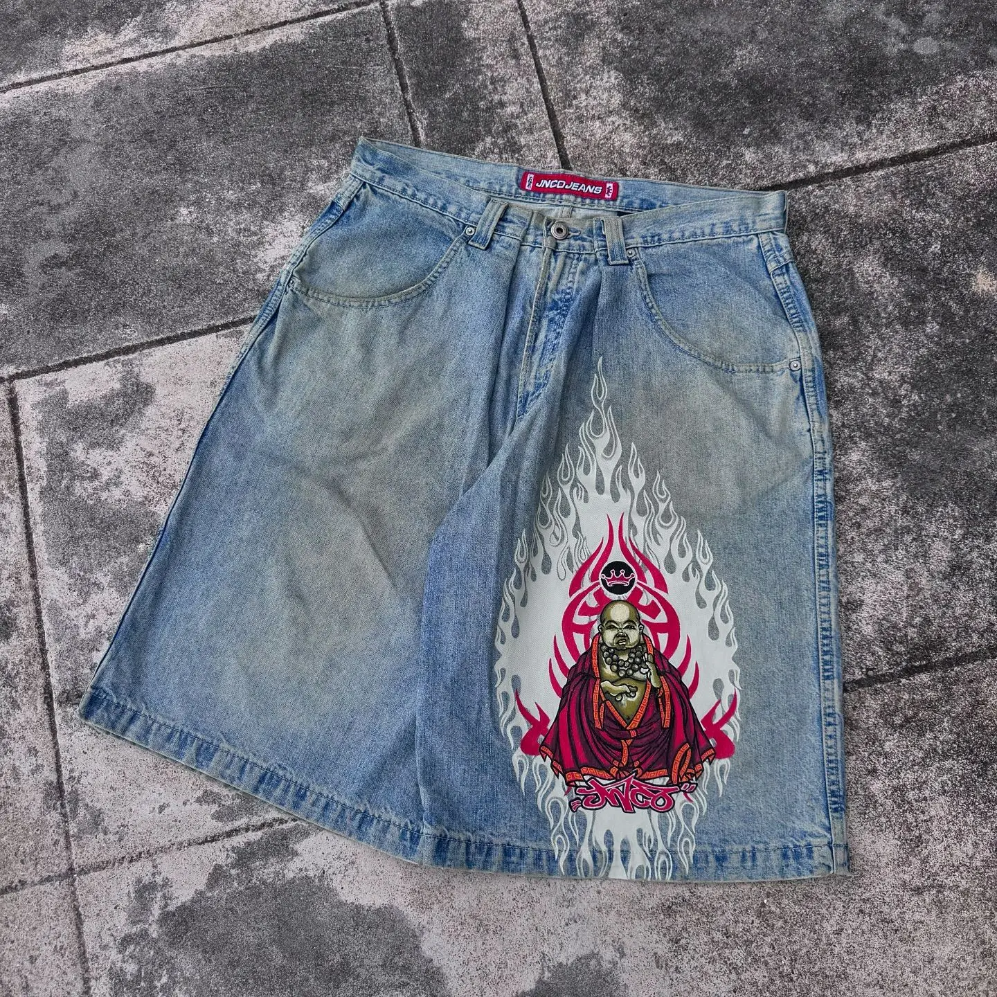 JNCO-Shorts jeans largos para homens e mulheres, moletom Y2K, padrão Buda, streetwear hip hop, moda vintage, calções de basquete, Harajuku