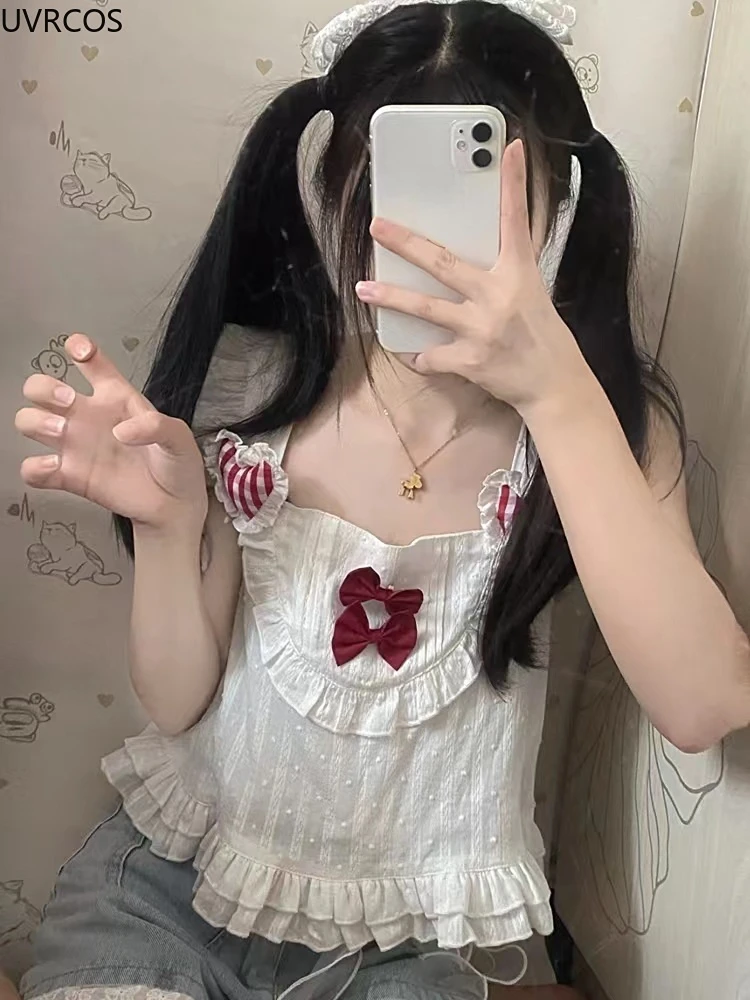 شيك الأبيض لوليتا تانك توب جرلي الحلو اليابانية لطيف كبير القوس المحاصيل Vset المرأة عادية مثير شاطئ بروتيل Harajuku Kawaii الملابس #3