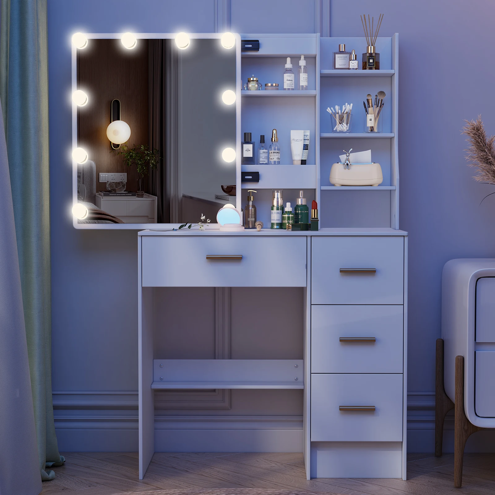 Tavolo da toeletta bianco con specchio a LED in stile Hollywood, luci a tre colori con intensità regolabile, 4 cassetti e ripiano laterale aperto, mobile per la cura della persona da posizionare in