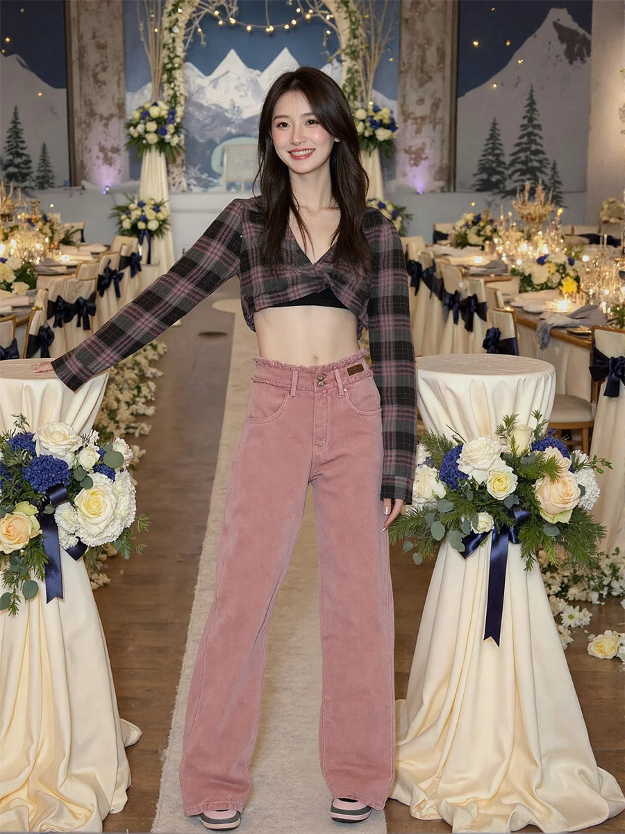 Hoge taille wijde pijpen jeans voor meisjes denim broek dameskleding herfst dubbellaags recht kruis gothic feestkleding avondfeest