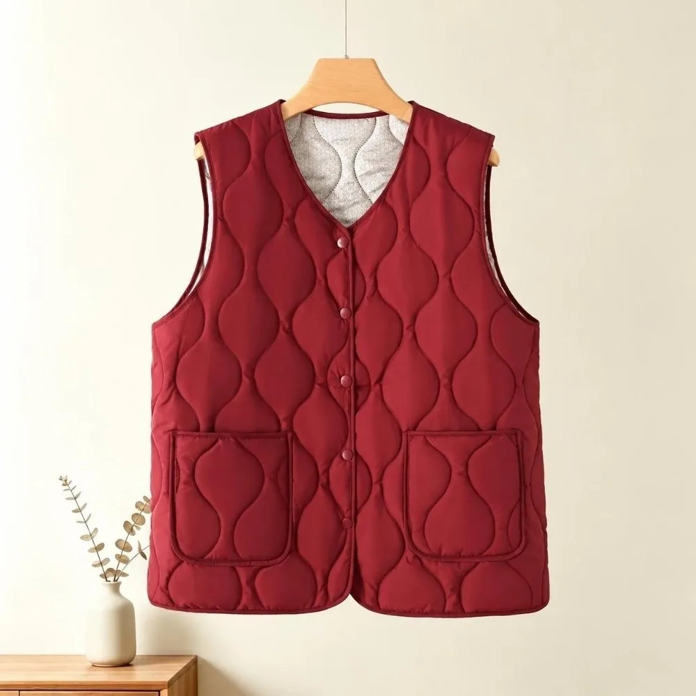 Loose Fit Snap Button Women's Vest Sleeveless Warm Cotton Fill Cotton Vest Plus Size Loose Waistcoat Autumn Winter