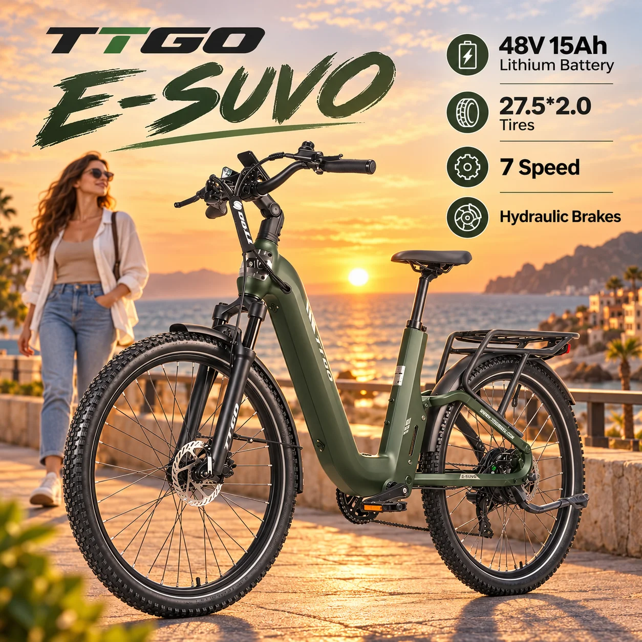 Bicicletta elettrica Ttgo E-Suvo-S6, 27,5 pollici, per adulti, batteria da 48 V e 15 Ah, motore con sensore di coppia da 250 W e 70 Nm, freni a disco idraulici, 7 velocità, autonomia di 120 km, e-bike