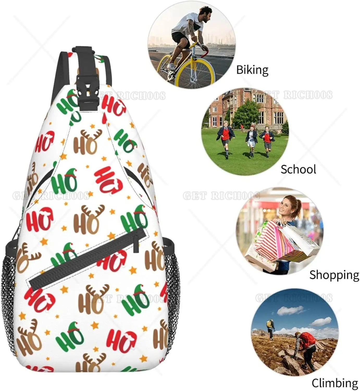 Bolsa Crossbody Sling para homens e mulheres, mochila de caminhada, mochila de ombro, viagem, caminhada Ho Ho Antler, sacolas de Natal, Natal