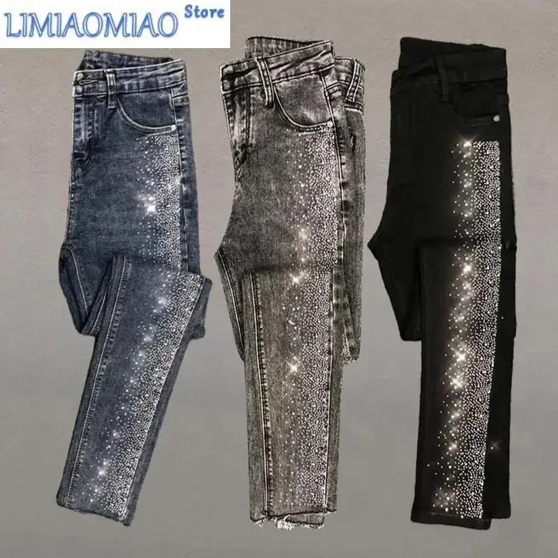 

Fashion Rhinestone Jeans Female Spring Summer New Korean Version Of High Waist Slim Elastic Feet Pants Pencil Pants