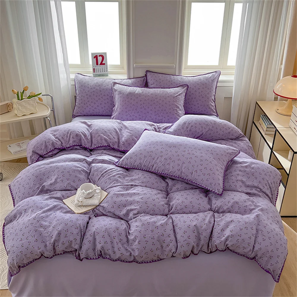 Washed Cotton Duvet Cover Purple Cherry Bed Sheet Pillowcase for Adults and Kids Home Textiles Four-piece Bedding Set