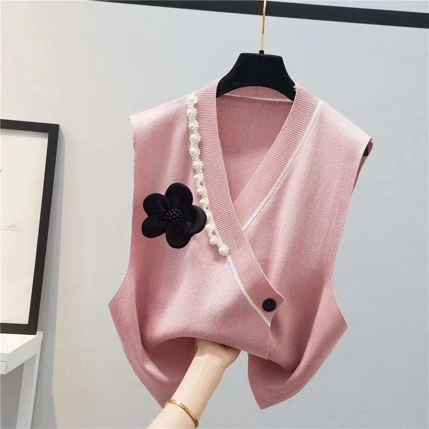 Korean new autumn and winter women's pearl flower knitted vest sweater for spring wear  winter clothes women