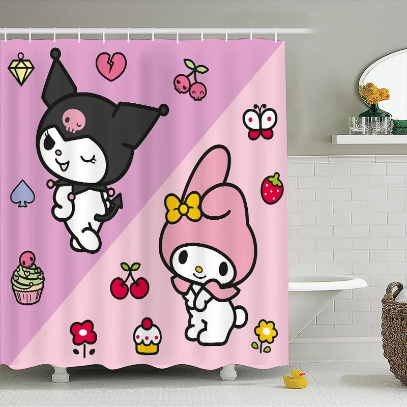 Kawaii Sanrio Shower Curtains Kuromi My Melody Anime Cartoon Bathroom Cute Waterproof Curtain with Hooks Girls Gifts