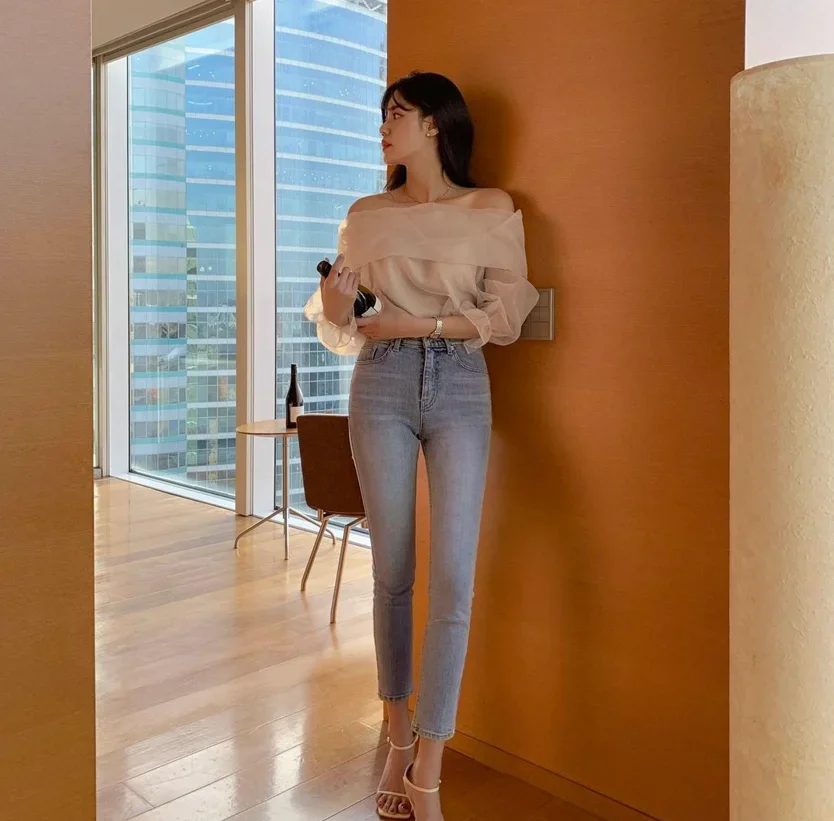 Woherb Slash Neck Long Sleeve Shirt Women Elegant Off Shoulder Korean Chic Blouse See Through All-match Tops Blusas Mujer