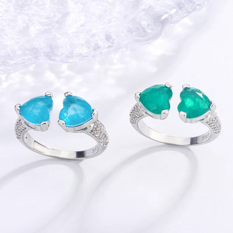 Delicate  Design S925 Silver Plated Heart Shape Imitation Jewelry Ring for Women Classic Temperament Open Green Blue Ring