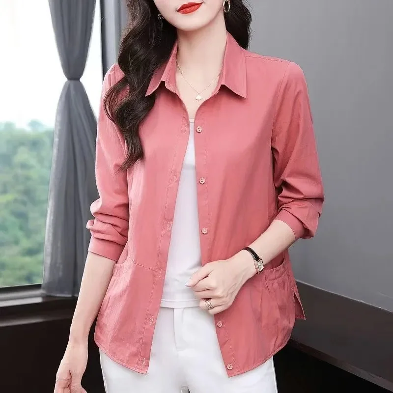 

Spring Femme Fashion Lapel Loose Blouse Coat Autumn Lady Solid Color Top Korean Women High-end Long Sleeved Casual Shirts Jacket