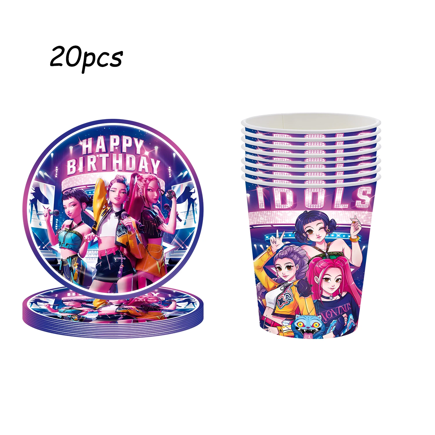 新しいK-POPデモンハンターズ漫画テーマの誕生日パーティーデコレーションセット、食器、カップ、プレート、紙製、女の子、ベビーシャワー用品