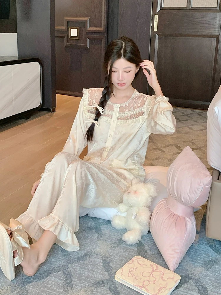 2025 New Ice Silk Pajamas for Women Spring  Lace Long Sleeve Two-Piece Set High-End Feel Suitable for Outerwear and Homewear