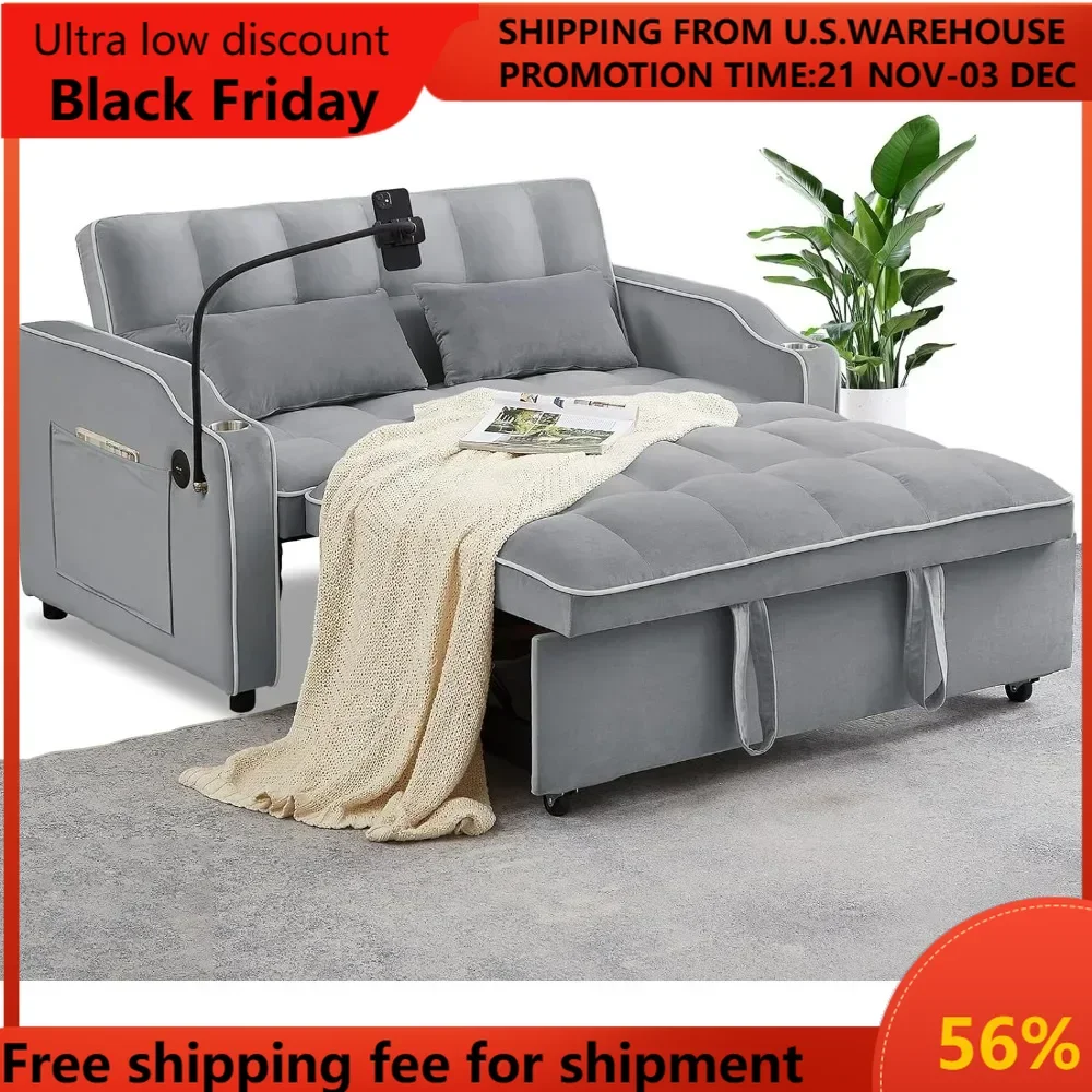 Sofa with 2, seats3 in 1 Convertible Sleeper Sofa, Velvet Pull Out Couch Futon, Living Room Furniture