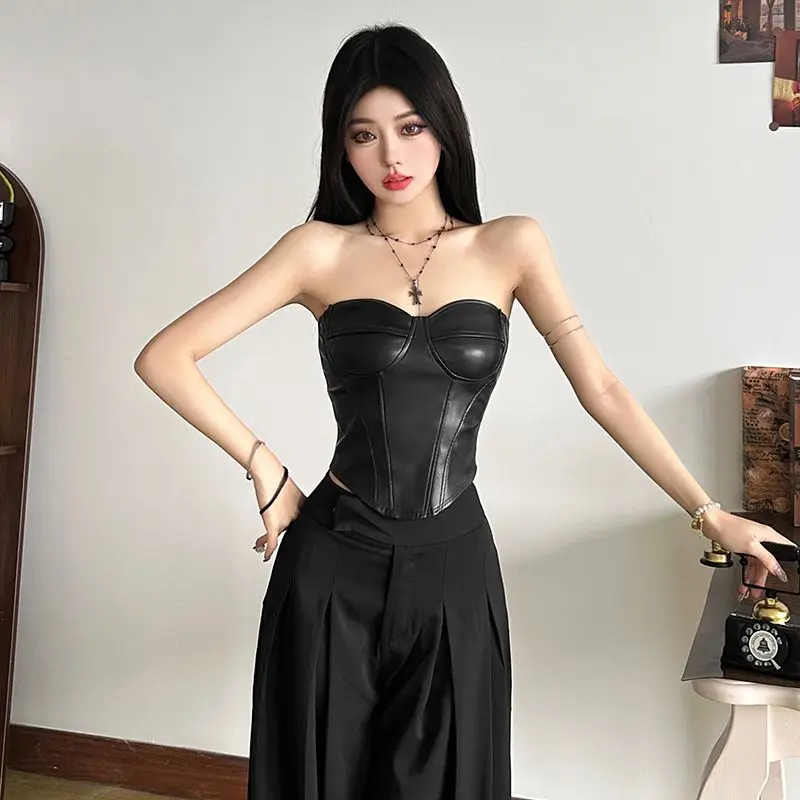 Cool Motorcycle Style Personalized Black PU Leather Strapless Vest Women's Irregular Waist Cinched Spicy Girl Top