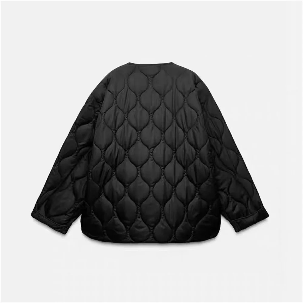 2024 autumn and winter new women\'s casual fashion bow round neck casual rolled edge long sleeved quilted cotton jacket