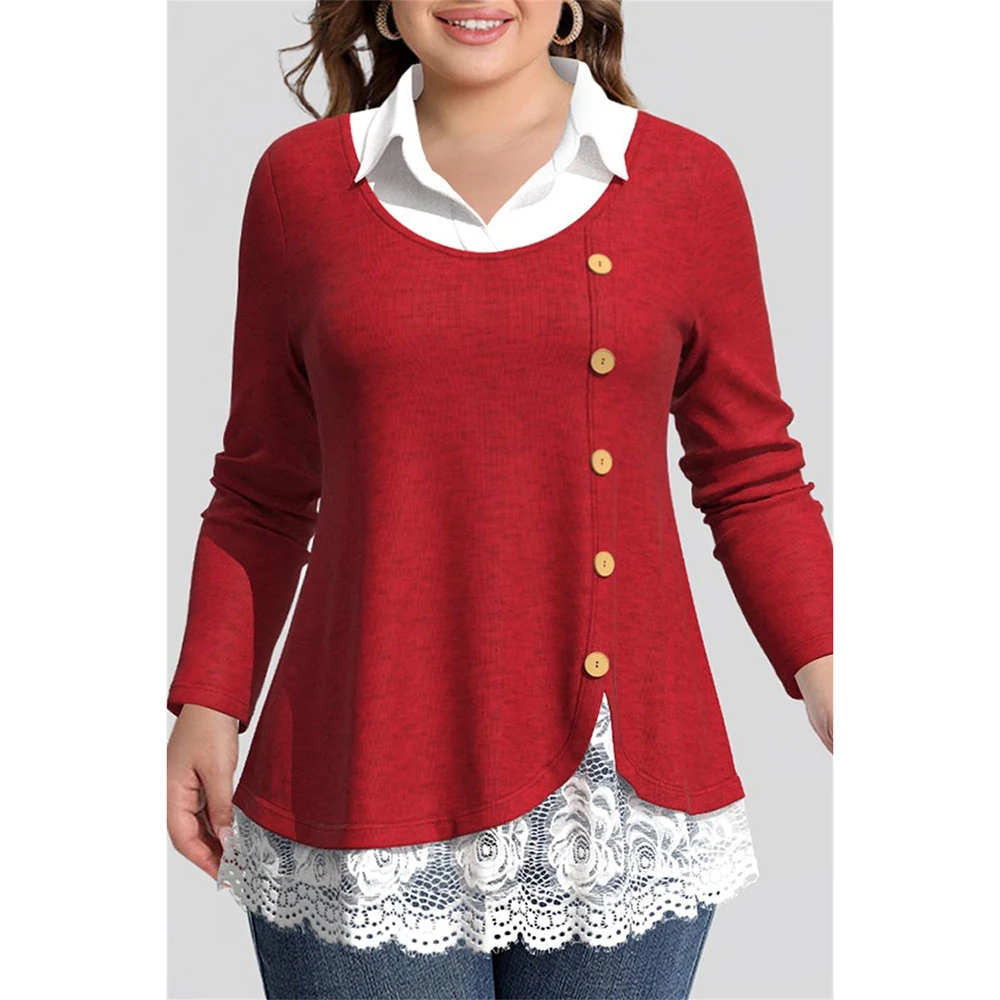 Plus Size Casual Spring Shirt Red Lace Stitching Button New Lapel Retro Shirt Long Sleeve Tops