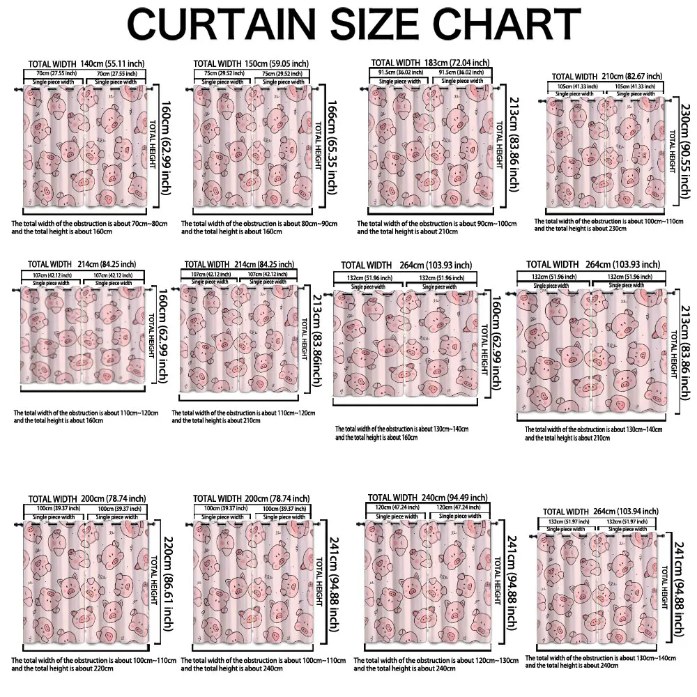 90-gram, two-piece printed curtain with a pink background and cute little pig patterns as decoration. Machine-washable