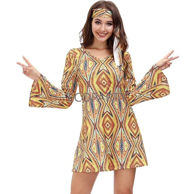 Women Floral Fashion Mini Dresses Hippie Girl Costume Flare Sleeve 70's Disco Dress Ladies Party Clubwear Retro Hippy 70s Dress