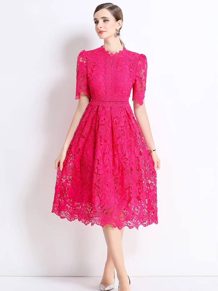 

Solid Lace Hollow Out Temperament Elegant Dress For Women Stand Collar Short Sleeve High Waist Summer Dresses Female Fashion