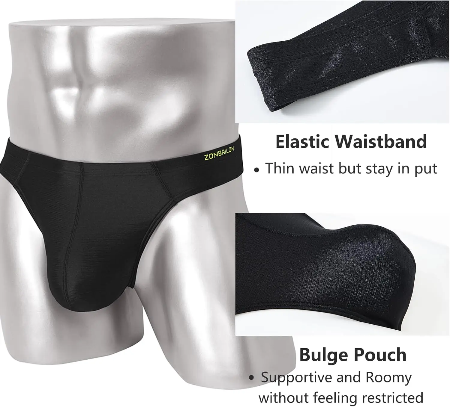 ZONBAILON Men's Thong Underwear G-Strings Silk Bikini Underwear Pouch Athletic Panties Pack M L XL 2XL