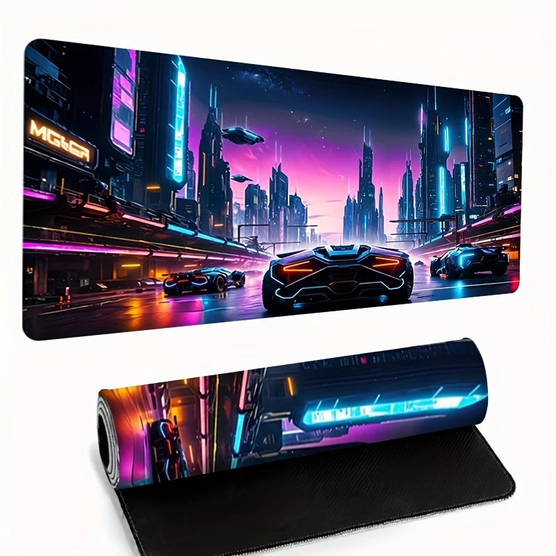 

Large Gaming Mouse Pad with Futuristic Neon Sports Car Design Desktop Accessory Non-Slip Rubber Durable Stitched Edge Mat for PC