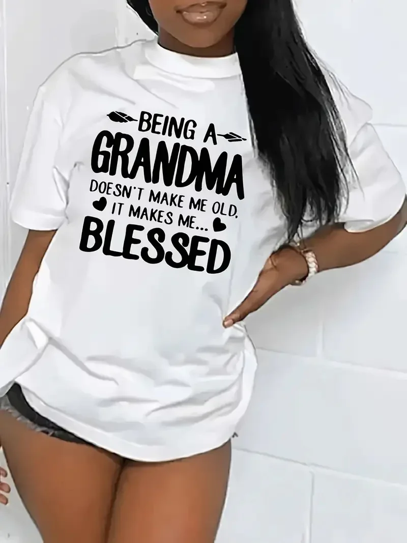 

Blessed Grandma Print T-Shirt Short Sleeve Crew Neck Casual Top For Spring & Summer Women's Clothing y2k top