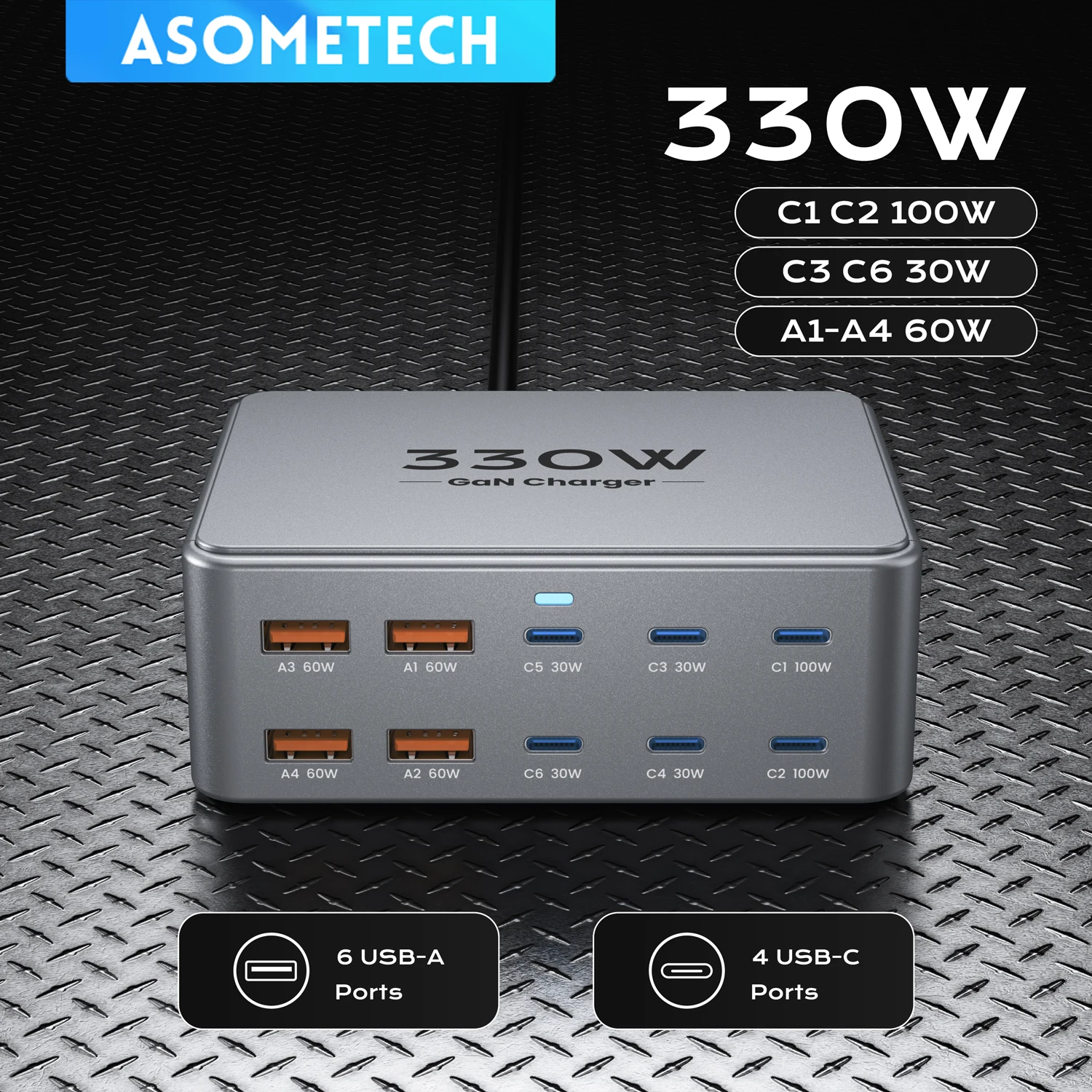 ‌330W 10 Port GaN Charger USB C PD3.0 PPS QC3.0 Desktop Fast Charger Station For Phone Laptop iPhone 17 16 Samsung Macbook Table