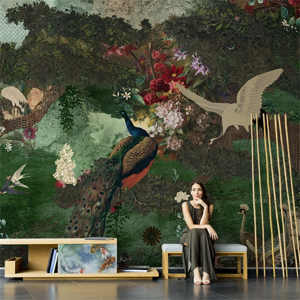 Custom 3D Southeast Asian Tropical Plants & Birds Peacock Love Flowers Open Rich Relief Wallpaper Mural for Wall Décor