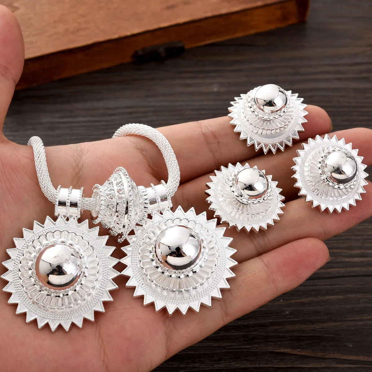Ethiopian Silver Jewelry Sets Classic Round Double Pendant 3-Piece Sets African Eritrean Wedding Engagement Ethnic Gifts #235