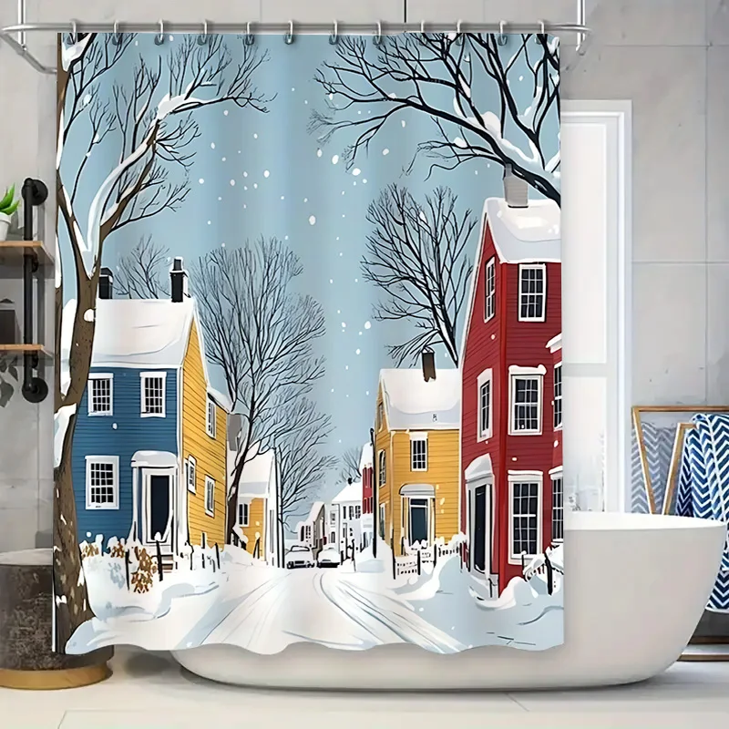 

Snowy Streets and Colorful Houses Winter Wonderland Scene Shower Curtain for Home Bathroom Decoration Waterproof Durable
