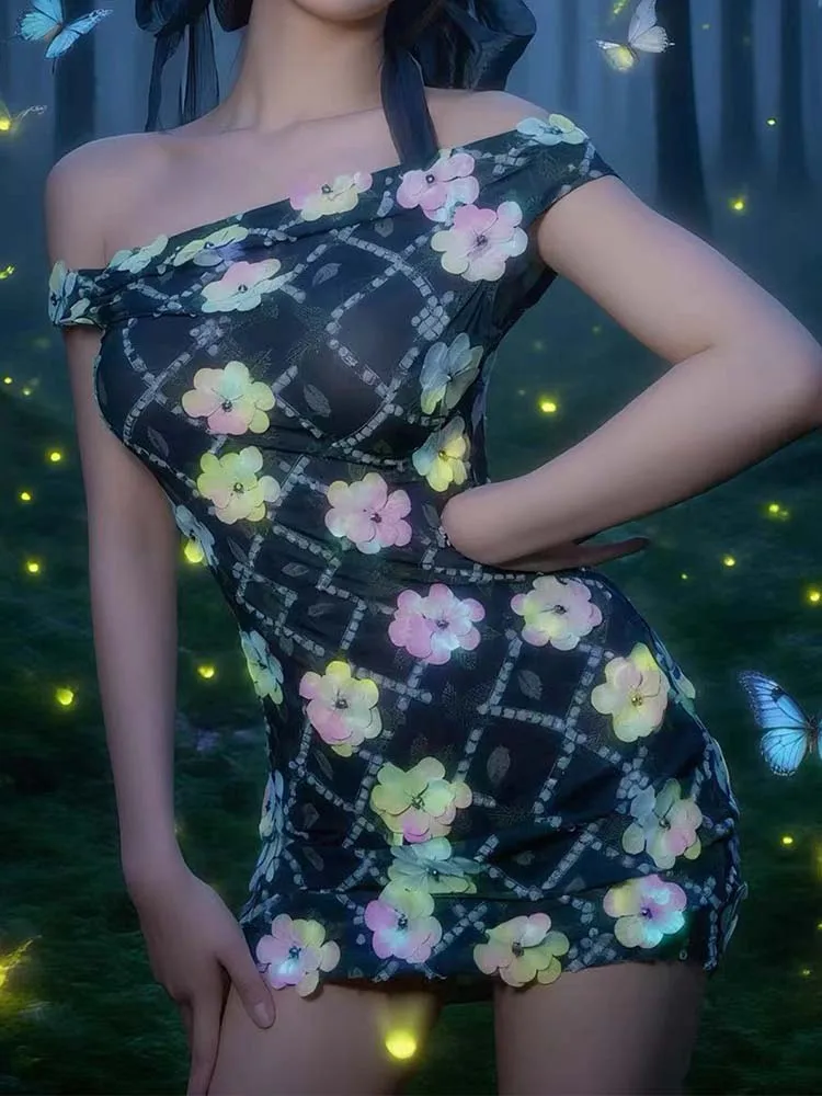 High Quality Hot Stamping Decal Sexy One Shoulder Elastic Dress 2025 New Fashion Custom Women'S Clothing