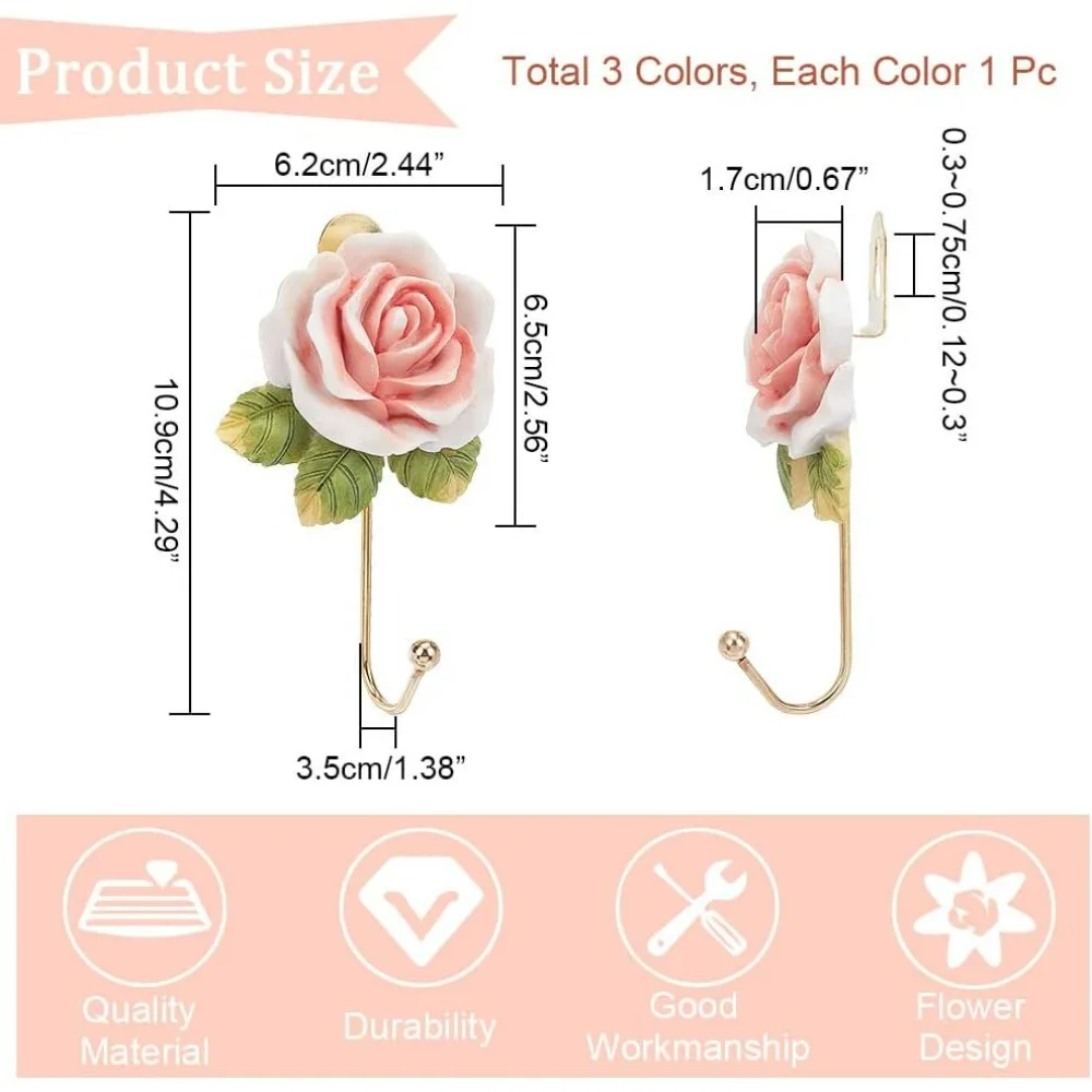 3 Pcs Resin Flower Wall Hooks, 3 Colors Decorative Robe Hook Beautiful Rose-Shaped Hooks for Hanging Scarf Bag Coat Key Towel