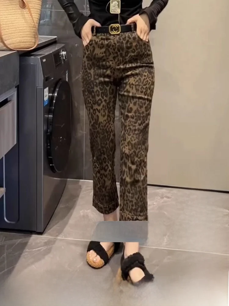 Jeans in denim con stampa leopardata foderati a gamba dritta a vita alta Pantaloni vintage a nove tubi da donna Jeans casual Waed