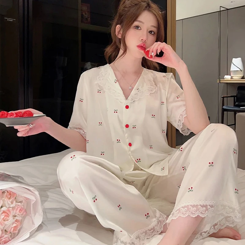 Little Fresh Cute Cherry Print Lace Pajamas for Women Sweet Korean Three-piece Female Lounges 2024 New Y2k Spring Sleep Clothing