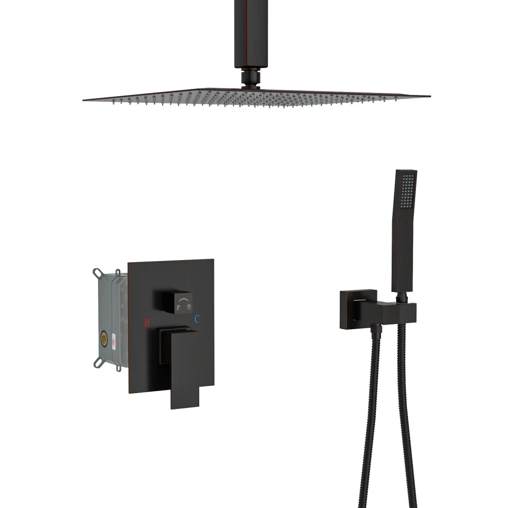 Dual Shower Head - 10 Inch Ceiling Mount Square Shower System with Rough-in Valve, Oil Rubber Bronze