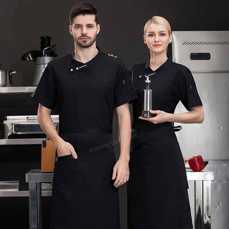 Uomo manica corta Chef uniforme grembiule estate Chef pantaloncini giacca traspirante Chef cappotto ristorante cucina nero abiti da lavoro logo